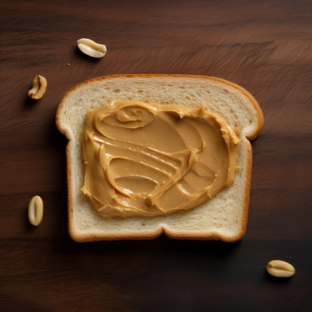 Peanut butter sandwich on wooden background. Top view with copy spaceの素材