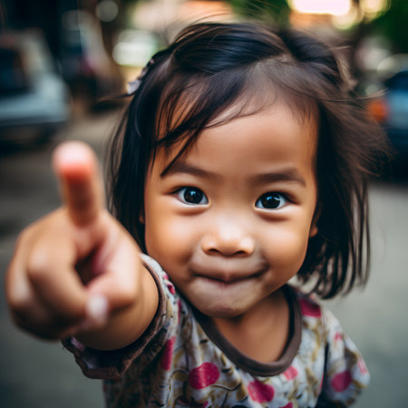 Cute asian baby girl pointing finger at camera, selective focusの素材