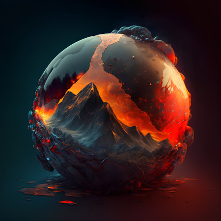 3d illustration of a planet in the form of a fire on a dark backgroundの素材