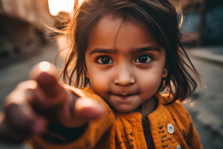 Portrait of a little girl pointing with her finger at the cameraの素材