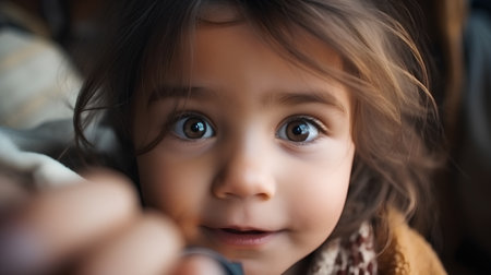 Portrait of a cute little girl with blue eyes looking at cameraの素材