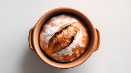 Ceramic bowl with freshly baked loaf of bread on grey backgroundの素材