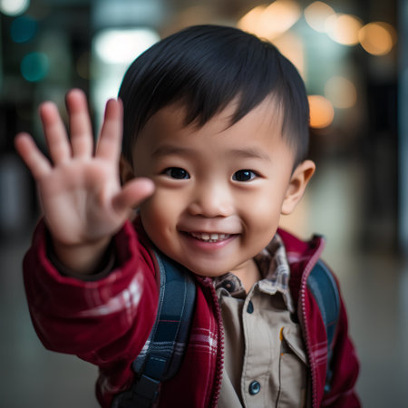 Portrait of cute little asian boy with backpack and waving handの素材