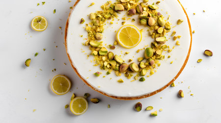 Lemon cheesecake with pistachios and lemon slices on white background, top viewの素材