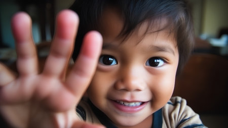 Cute asian child showing ok hand sign with smiley faceの素材