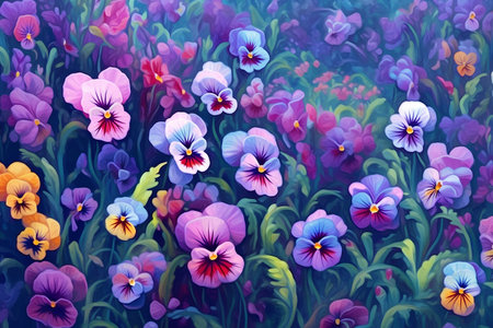 Beautiful colorful pansy flowers in the meadow. Digital paintingの素材