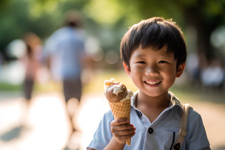 Happy asian boy eating ice cream in the park with his familyの素材