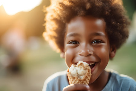 Portrait of a cute little african american boy eating ice cream outdoorsの素材