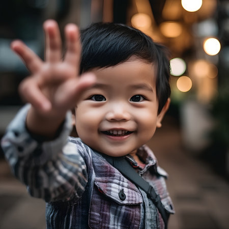 Happy asian little boy showing ok hand sign in vintage color toneの素材