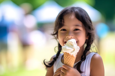 Little asian girl eating ice cream in the park with blurred backgroundの素材