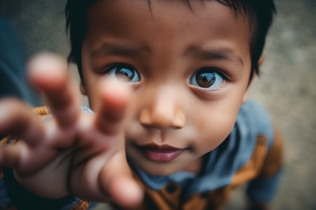 Portrait of cute asian kid with blue eyes looking at cameraの素材