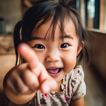 Cute little asian girl smiling and showing thumbs up gesture, selective focusの素材
