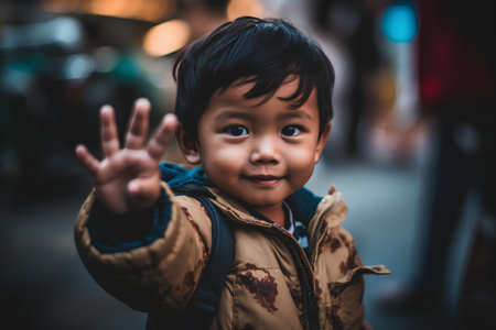 Portrait of cute little asian boy with hand showing ok signの素材