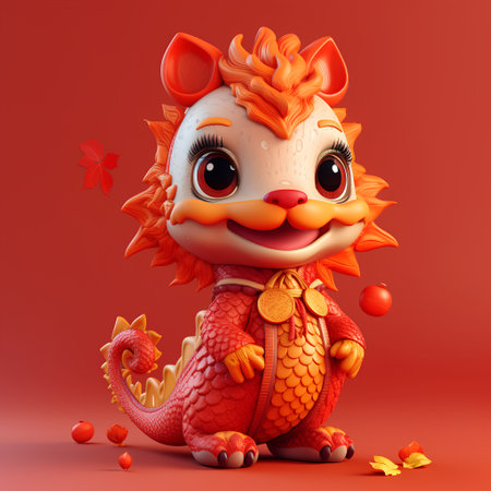 Cute cartoon dragon. 3d rendering. Isolated on red background.の素材