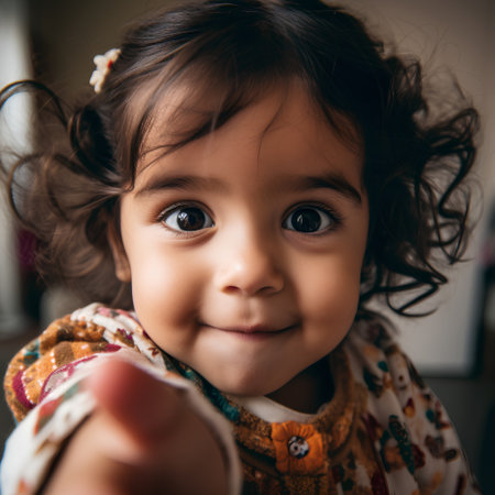 Portrait of a cute little girl looking at camera and smiling.の素材