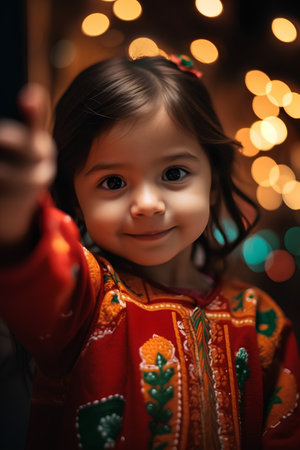 Portrait of a beautiful little girl in a Christmas sweater on a background of lights.の素材
