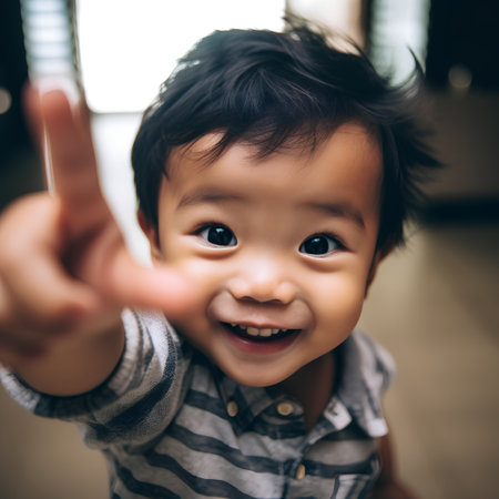 Portrait of cute asian baby boy smiling and showing victory signの素材