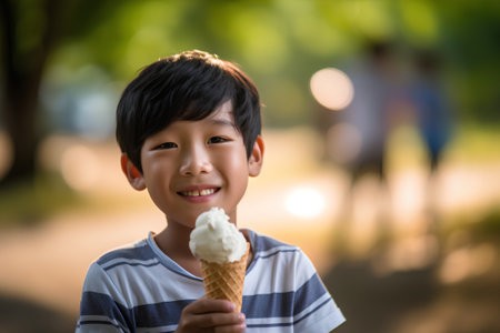 Cute asian boy eating ice cream in the park with blurred backgroundの素材