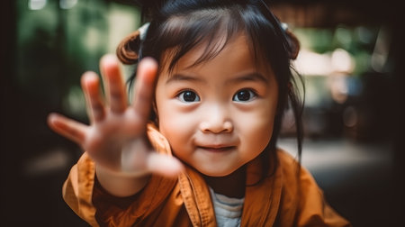 Little asian girl showing stop hand gesture, vintage color tone.の素材