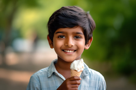 Cute indian little boy eating ice cream outdoors on summer dayの素材