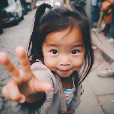 Little asian child girl showing victory gesture in the city, vintage toneの素材