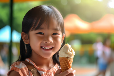 Cute asian little girl eating ice cream in the park.の素材