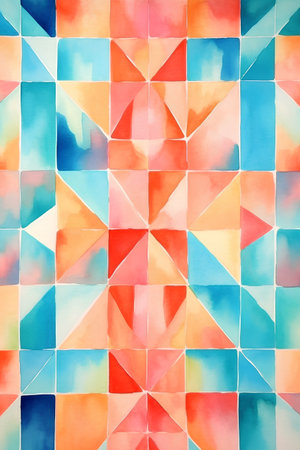 Watercolor abstract background with blue, red, orange and yellow trianglesの素材