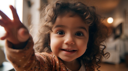 Portrait of a cute little girl with curly hair showing ok signの素材
