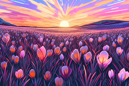 Crocuses blooming in the meadow. Colorful vector illustration.の素材