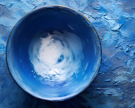 Blue ceramic bowl on blue textured background. Top view. Copy space.の素材