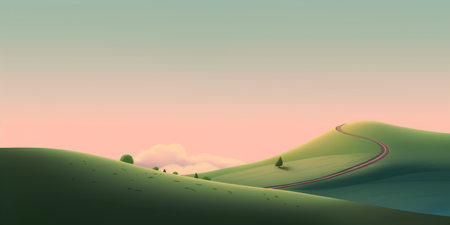 Landscape with green hills, road and sky. Vector illustration.の素材