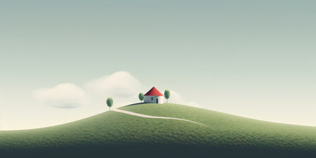 Conceptual image of house on green hill with blue sky backgroundの素材