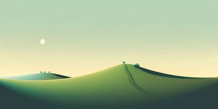 Green hills landscape with silhouette of a man climbing on the hill.の素材