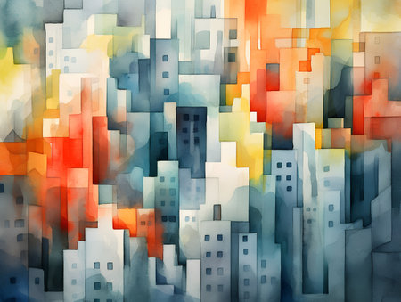abstract watercolor background with buildings and skyscrapers in the cityの素材