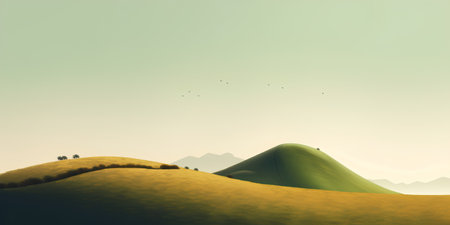Landscape with green hills and blue sky. 3d illustration.の素材