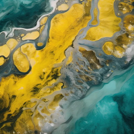 Abstract background of acrylic paint in blue and yellow tones. Liquid marble texture.の素材