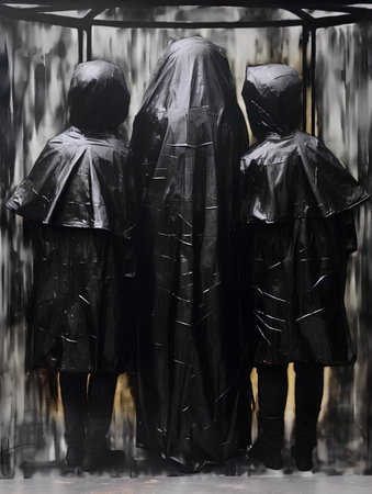 Three women in black raincoat and hood on the wall background.の素材