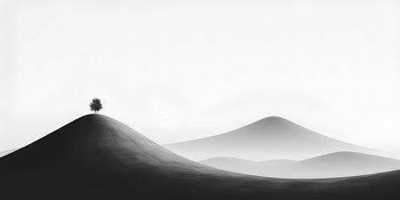 Silhouette of a lonely tree on a hill with mountains in the backgroundの素材