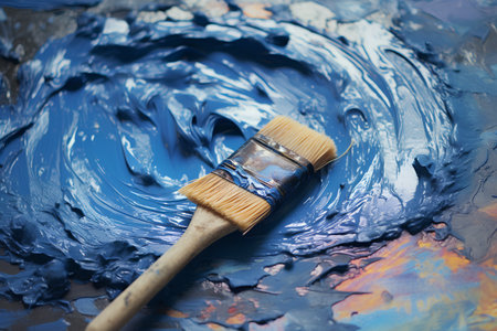 Paintbrush and blue paint on a background of oil paint.の素材