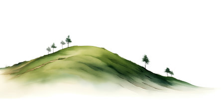 Illustration of a green hill with trees on a white background.の素材