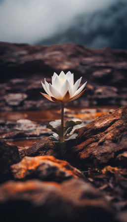 Beautiful white lotus flower on the rock. Nature background.の素材