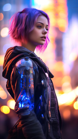 Beautiful young girl with purple hair posing in the night city.の素材