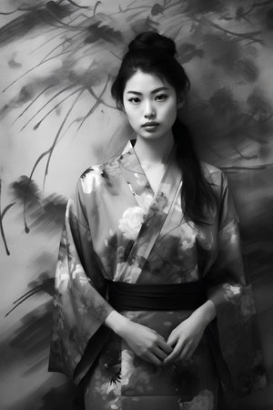 beautiful asian woman in kimono, black and whiteの素材