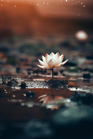 beautiful lotus flower in the pond with water drops on itの素材