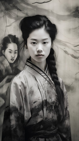 Portrait of a beautiful geisha in a kimono.の素材