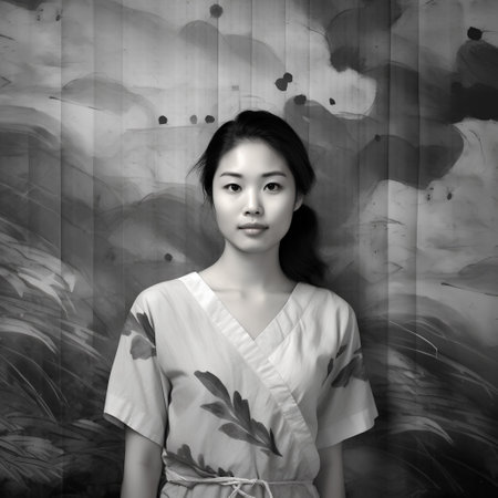 Asian woman in kimono on grunge background, black and whiteの素材