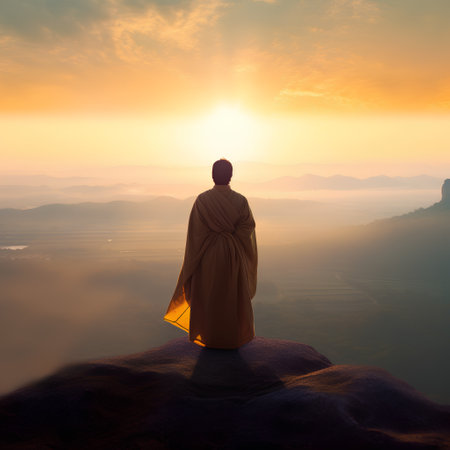 Buddhist monk standing on top of mountain and looking at the sunriseの素材