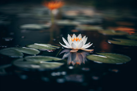 Beautiful water lily flower in the pond on a dark backgroundの素材