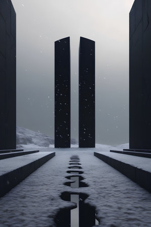 Abstract urban landscape with skyscrapers and falling snow. 3d renderの素材