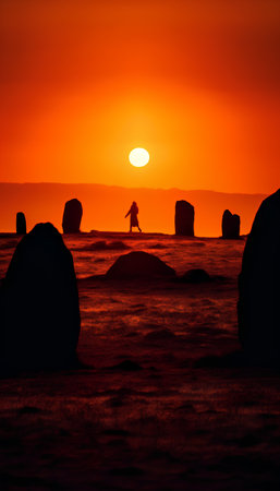 Silhouette of a man walking on the beach at sunset.の素材